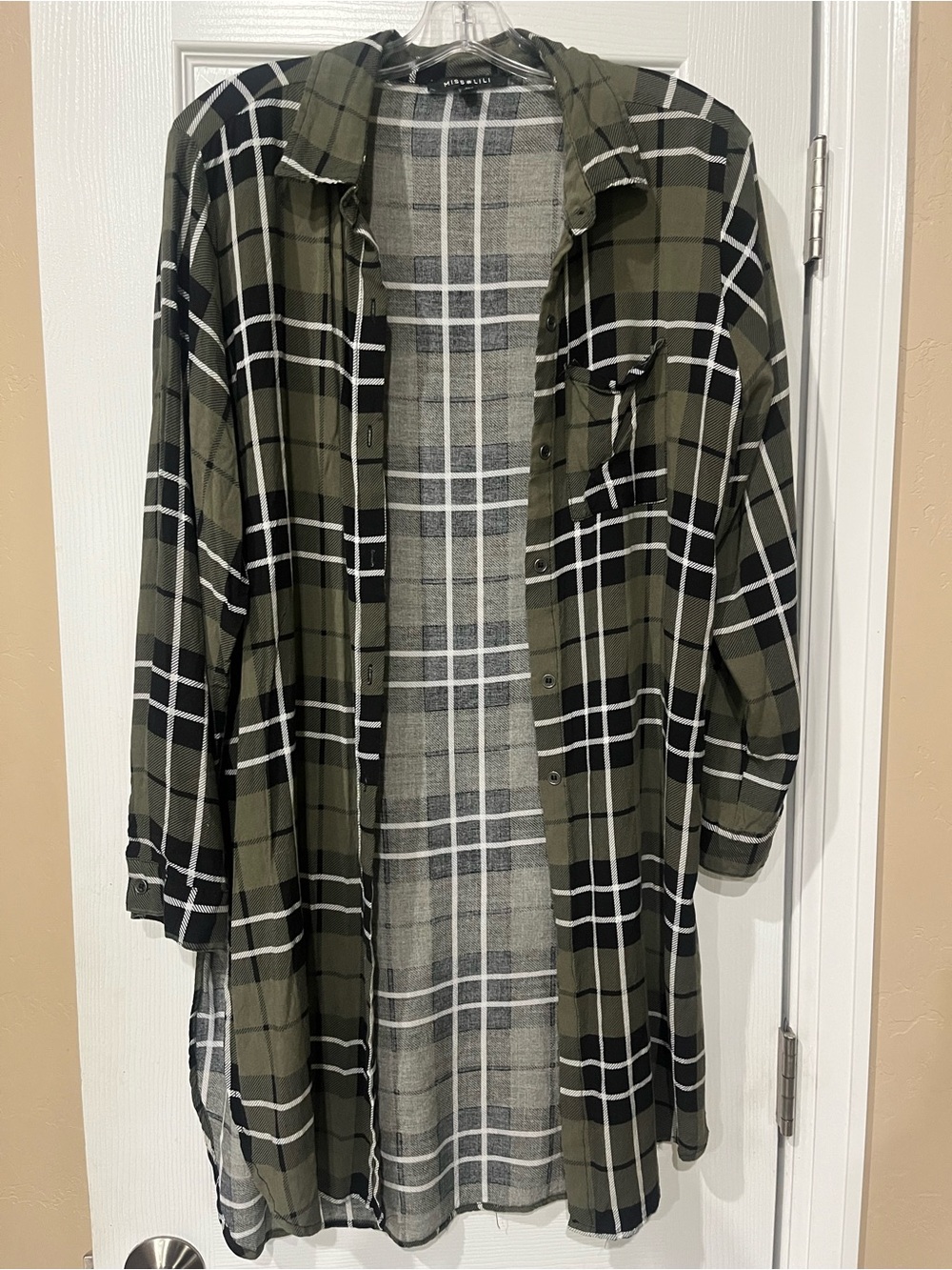 Miss Lili Olive and Black Plaid Longline Jean Jacket